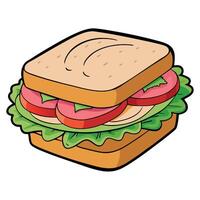 Close-up of a ham and veggie sandwich with fresh lettuce. tomatoes. and cucumbers on whole grain bre vector