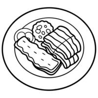A close up top view image of delicious grilled bacon chicken and pork ham arranged on a white dish w vector
