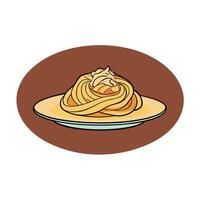 Fettuccine Carbonara in a plate. Pasta with carbonara sauce and bacon. Brown background. side view. vector