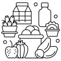 Icons include milk. eggs. bread. fruits. vegetables. etc. Designed to make creating a grocery shoppi vector