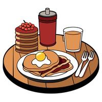 Delicious all-American breakfast with eggs. pancakes. bacon. beans. and condiments on a rustic woode vector