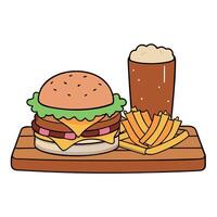 Delicious big burger with bacon. cheese. and lettuce on a wooden tray with potato wedges. dipping sa vector