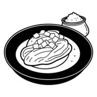 Close-up of mashed potatoes with crispy bacon on a black plate. Seasoned with salt and pepper. with vector