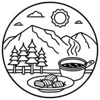 Camping breakfast with bacon and eggs in a cast iron skillet. Fried eggs with bacon in a pan in the vector