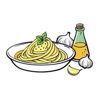 Delicious spaghetti carbonara topped with grated cheese and herbs. served on a rustic wooden table a vector