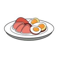 A white plate topped with eggs. ham and ham vector