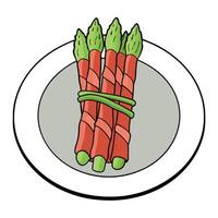 A plate of asparagus spears wrapped in bacon vector