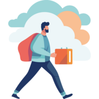 Man with suitcase and backpack walking in the clouds png