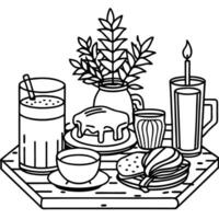 A cozy breakfast setting with pancakes. bacon. coffee. juice. and pastries on a rustic wooden table. vector