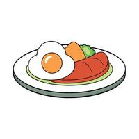 A plate of food with meat and an egg on top vector