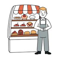 A man stands next to a showcase full of various meats vector