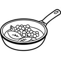 A black pan of food with peas and ham on top vector