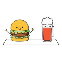 A burger with a side of beer on a table vector