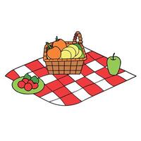A picnic setup on a red checkered blanket with a wicker basket filled with grapes. apples. and bread vector