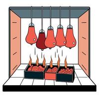 A room filled with meat hanging from hooks and smoke vector