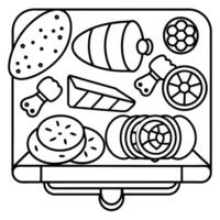 A wooden board with different types of cured meats vector