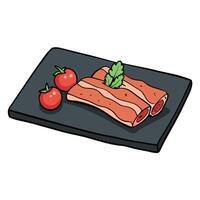 Cooked bacon on slate with tomatoes and herbs vector