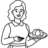 A woman is pictured holding a plate of food with a perfectly cooked egg on it. This image can be use vector