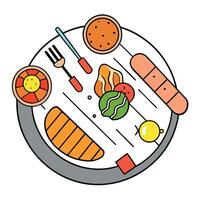 From a top view. a colorful. modern barbecue party unfolds. showcasing a delicious spread of smoked vector