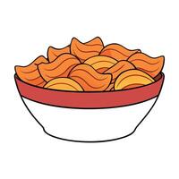 Bacon-like potato chips on table. in bowl. vector