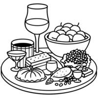 Different food served on table with red wine. vector