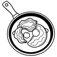 Fried eggs with bacon in a frying pan top view vector