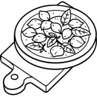 A pizza with meat and basil on a wooden board vector