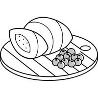 A plate of ham and blueberries with a wood board vector