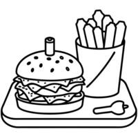 Burger with fries and sauces on a wooden board. vector