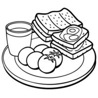Breakfast spread with fresh egg. tomatoes. and toasts displayed on a plate with a rustic background. vector