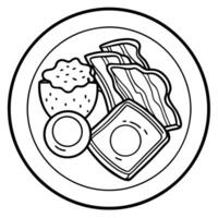 Freshly Fried Crispy Bacon. Eggs and toasts on a grey plate on wooden rustic background banner. Top vector