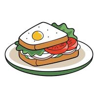 Fried eggs sandwich and vegetables on plate vector