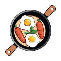 Delicious breakfast with fried eggs. sausages. herbs in a skillet on a rustic wooden table. Top view vector