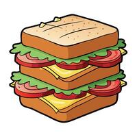 Delicious stacked sandwich with layers of bacon. ham. cheese. and fresh vegetables on toasted bread. vector