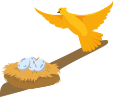A yellow bird is sitting on top of a nest with eggs png