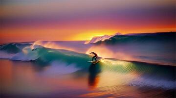 Surfing during golden hour where the waves of the sea reflect the sunset golden light, creating a stunning and serene scene of adventure and nature video