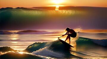 Surfers enjoy the thrill of riding waves during golden hour, with the sun setting over the ocean, creating a peaceful yet adventurous moment at sea. video