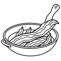 Crispy bacon strips in frying pan. vector