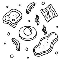 Fried eggs in zero gravity with toasted bread and flying bacon and drops of butter circling around. vector