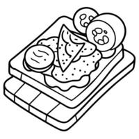 A wooden board with an open face sandwich. avocado toast topped with poached eggs and bacon. cherry vector