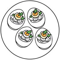 Arrange of deviled eggs garnished with crispy bacon pieces and fresh parsley leaves on a white plate vector
