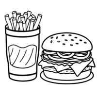 Bacon cheeseburger on toasted pretzel bun served with fries and beer shot with selective focus. Copy vector