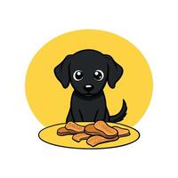 A black puppy with a short coat and floppy ears is sitting next to a plate of bacon strips . The pup vector