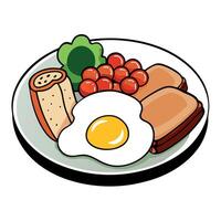 An English breakfast featuring fried eggs. bacon. sausages. beans. toast. and fresh salad. offering vector
