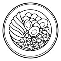 A top view of a hearty Cobb salad on a wide-rimmed bowl. featuring rows of chopped romaine lettuce. vector