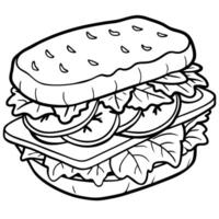 Close-up of a fresh. delicious sandwich with tomatoes. lettuce. bacon. and arugula on wooden table. vector