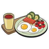 Delicious breakfast with fried eggs. bacon. tomatoes. avocado. and olives on a wooden table. perfect vector
