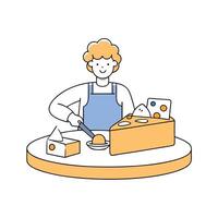 A person is cutting a block of cheese into a dish. The dish is filled with cheese and has a variety vector