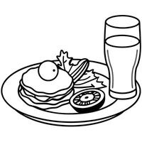 A breakfast plate with pancakes topped with bacon. a sunny-side-up egg. and a side salad with cherry vector