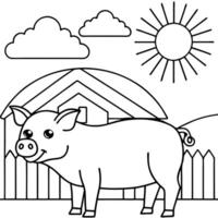A cute adult pig standing in in a barn during the day with a beautiful skyscape a spring background vector